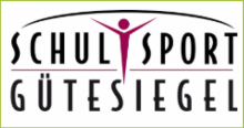Schulsport Gütesiegel - stilisierte Figur in der Mitte dazu der Schriftzug "Schulsport Gütesiegel" um die Figur