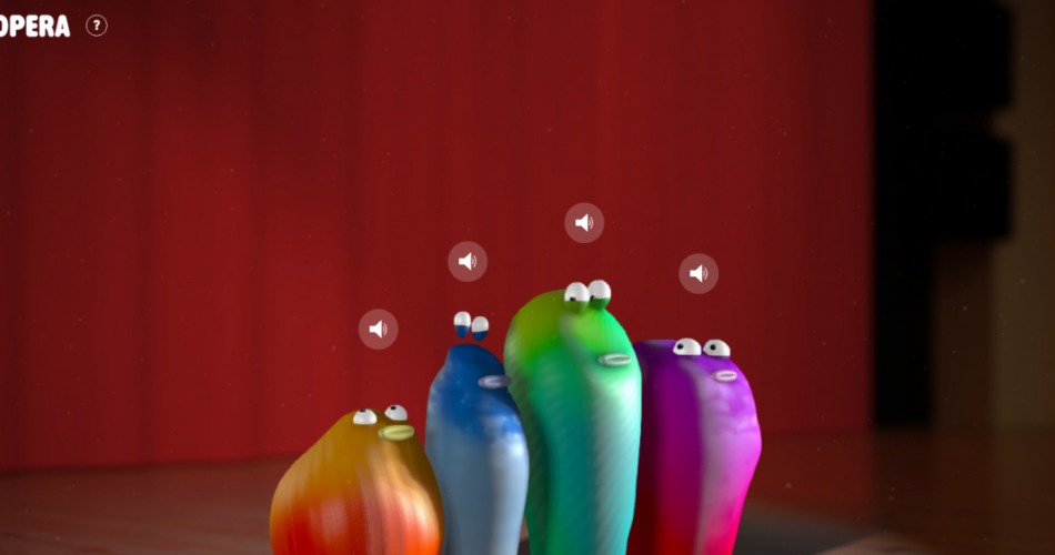 Screenshot: Blobs im Blobopera House mit rotem Vorhang im Hintergrund