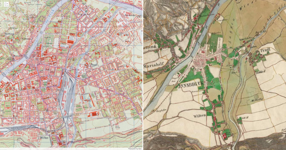 Historische Karte verglichen mit aktueller Karte von Innsbruck