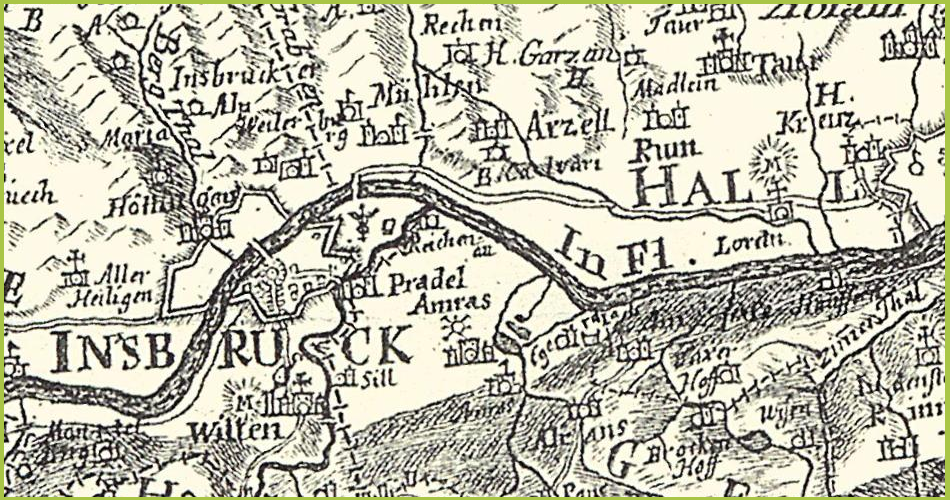 Ausschnitt aus der Karte von Peter Anich aus dem Jahr 1764/65