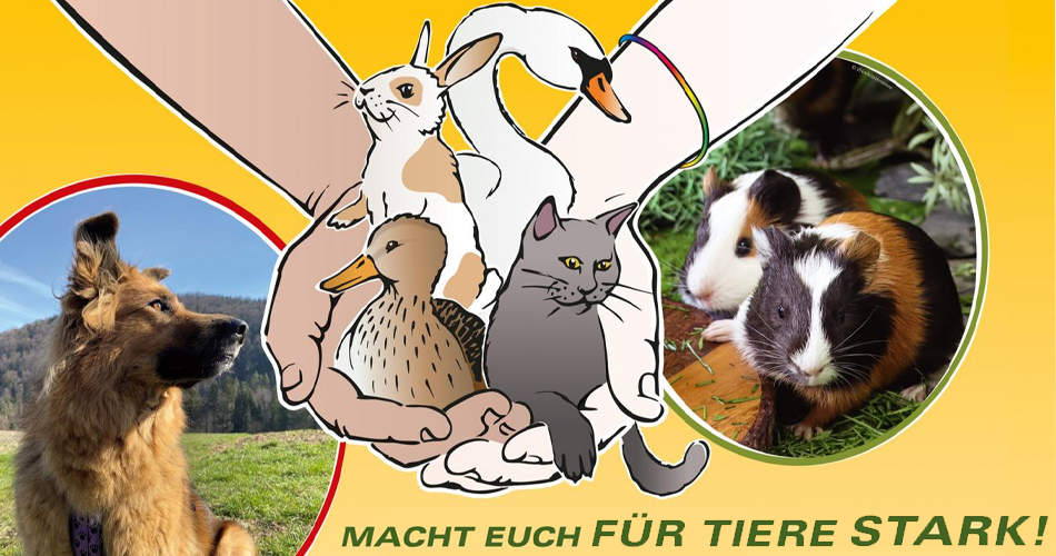 Poster mit Hunden, Katzen, Enten, Schwänen und Meerschweinen mit dem Titel "Macht euch für Tiere stark!"