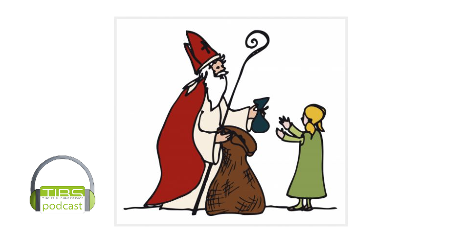 Logo: TiBS Podcast + Nikolaus, der kleine Geschenke verteilt