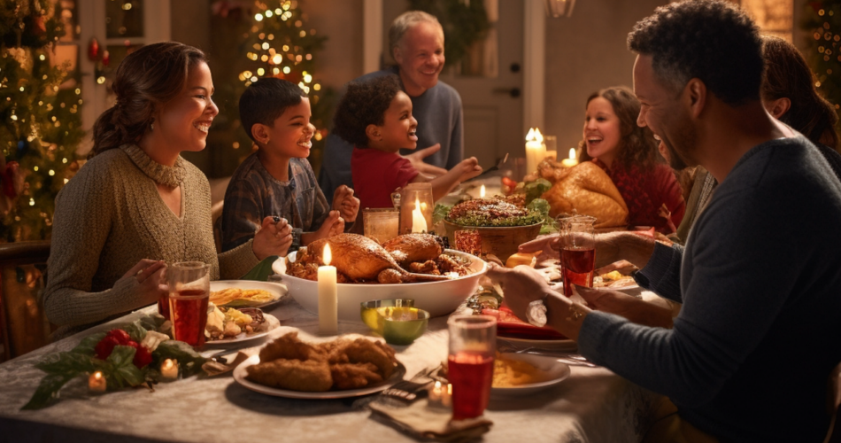 Mehrere Personen in fröhlicher Stimmung um einen gedeckten Tisch beim Essen