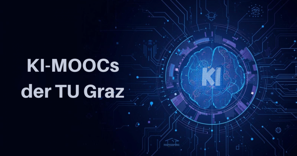 Dunkelblaues Titelbild mit der Aufschrift „KI-MOOCs der TU Graz“. Rechts ist ein stilisiertes, leuchtend blaues Gehirn mit der Abkürzung „KI“ dargestellt, umgeben von digitalen Schaltkreis- und Netzwerkstrukturen, die künstliche Intelligenz symbolisieren.