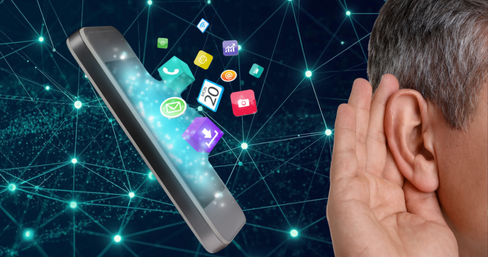 Grafische Darstellung eines Smartphones, aus dem App-Symbole wie E-Mail, Kalender, Kamera und Diagramme herausfliegen. Rechts daneben ist ein menschliches Ohr mit lauschender Handhaltung zu sehen. Im Hintergrund verläuft ein leuchtendes digitales Netzwerk aus verbundenen Punkten. Das Bild symbolisiert digitales Zuhören oder Datenvernetzung.