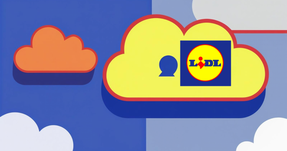 Vor blauem Hintergrund sind stilisierte Wolkenformen dargestellt. In einer großen gelben Wolke mit rotem Rand befindet sich das Logo von Lidl. Eine kleinere orange Wolke ist links zu sehen. Das Bild symbolisiert die Speicherung oder Verarbeitung von Unternehmensdaten in einer Cloud-Umgebung.