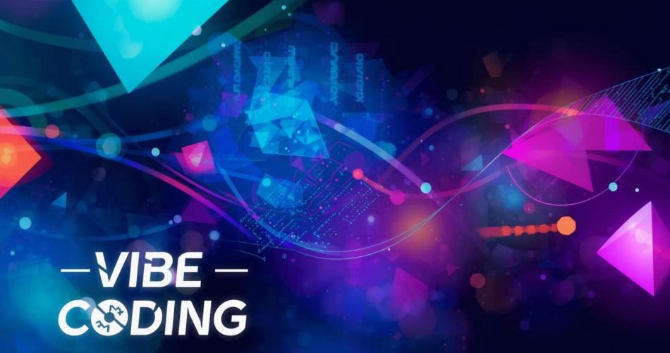 Abstraktes digitales Titelbild mit dunklem blauem und violettem Hintergrund. Leuchtende geometrische Formen wie Dreiecke und Linien schweben im Raum. Neonfarbene Lichtpunkte und geschwungene Wellenlinien erzeugen einen futuristischen Eindruck. Links unten steht in großen weißen Buchstaben der Schriftzug VIBE CODING.