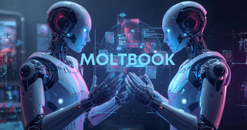 Zwei humanoide Roboter stehen sich spiegelbildlich gegenüber und berühren mit erhobenen Händen beinahe einander. Beide haben metallische, futuristische Körper mit sichtbaren technischen Elementen und leuchtenden Akzenten in Blau und Pink. Im Hintergrund sind schematische digitale Darstellungen und Datenfenster zu sehen. In der Bildmitte steht der Schriftzug „MOLTBOOK“. Das Bild vermittelt den Eindruck einer Interaktion oder Kommunikation zwischen zwei künstlichen Intelligenzen.
