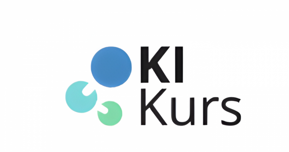 Logo mit dem Schriftzug „KI Kurs“. Links drei abstrakte Formen in Blau und Grün: ein großer blauer Kreis oben sowie zwei kleinere grün-türkise Formen darunter. Rechts daneben steht in schwarzer Schrift der Text „KI Kurs“. Hintergrund weiß.