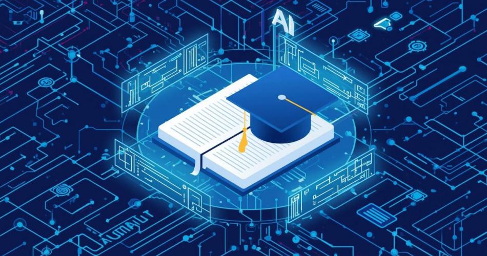 Digitale Illustration eines aufgeschlagenen Buches mit Doktorhut in der Mitte, umgeben von leuchtenden Schaltkreisen und KI-Symbolen auf blauem Hintergrund. Darstellung von künstlicher Intelligenz im Bildungsbereich.