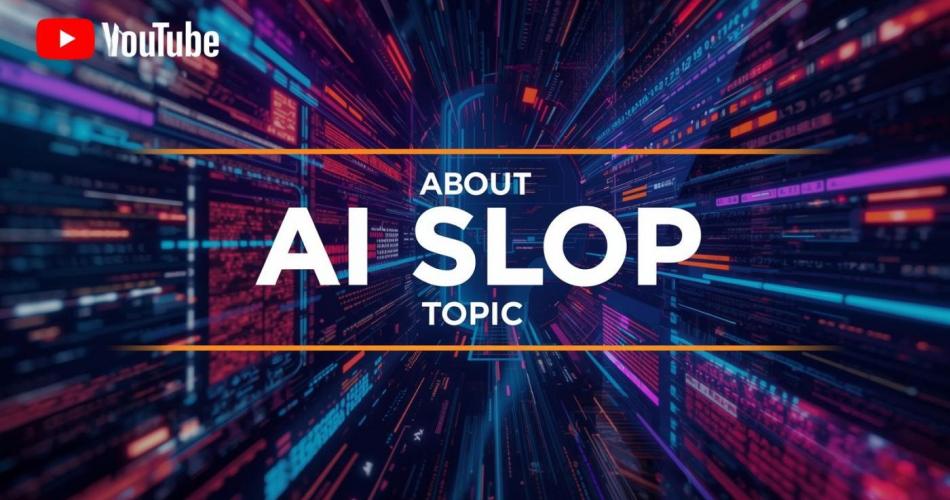 Das Bild zeigt ein KI-generiertes Titelbild mit dunkel-futuristischem Hintergrund (radialer Datenstrom in Blau, Rot und Orange), dem YouTube-Logo oben links und dem zentrierten Schriftzug „ABOUT AI SLOP TOPIC" in weißer Schrift auf orangefarbenem Rahmen.