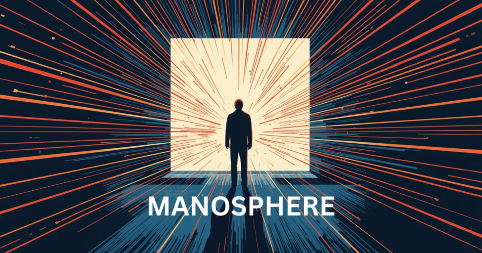 Illustration mit dunklem Hintergrund und vielen orange-blauen Linien, die strahlenförmig auf eine helle rechteckige Fläche zulaufen. In der Mitte steht die Silhouette eines Mannes, der in Richtung des leuchtenden Bereichs blickt. Über dem unteren Bildbereich steht der Schriftzug „MANOSPHERE“. Das Bild vermittelt den Eindruck eines digitalen Raums oder eines Sogs von Informationen, der auf die Figur gerichtet ist.
