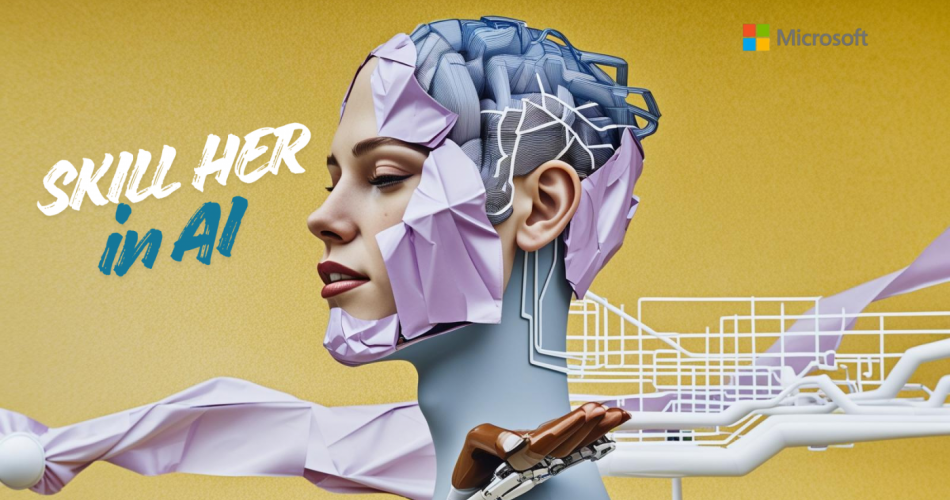 Illustration einer Frau im Profil mit geschlossenen Augen. Teile ihres Gesichts und Kopfes wirken wie aufgebrochene, geometrische Flächen und geben den Blick auf eine technische Struktur frei, die an ein künstliches Gehirn erinnert. Unter ihrem Kinn befindet sich eine mechanische Hand. Im Hintergrund verlaufen stilisierte Leiterbahnen wie in einer elektronischen Schaltung. Links steht der Schriftzug „Skill Her in AI“, rechts oben ist das Microsoft Logo zu sehen. Der goldene Hintergrund verstärkt den futuris
