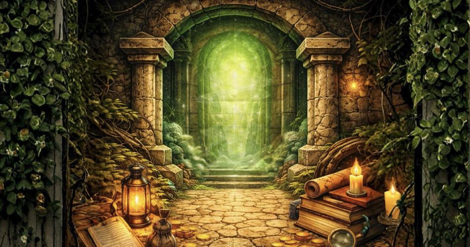 Grüne Tür in geheimnisvoller Umgebung für einen Micro Escape Room