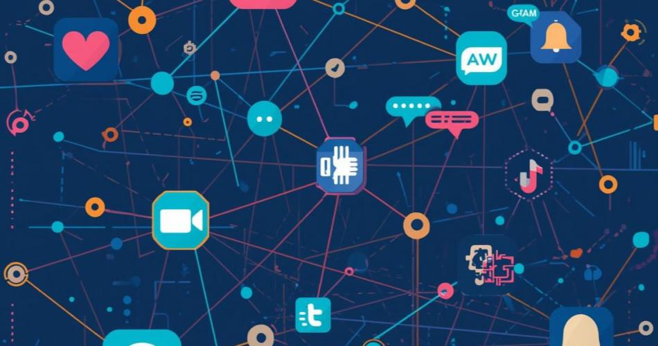 Vernetzte Social-Media-Symbole wie Herzen, Videokameras, Sprechblasen und Benachrichtigungsglocken auf dunkelblauen Hintergrund mit leuchtenden Netzwerkverbindungen symbolisieren Algorithmen und Social Media