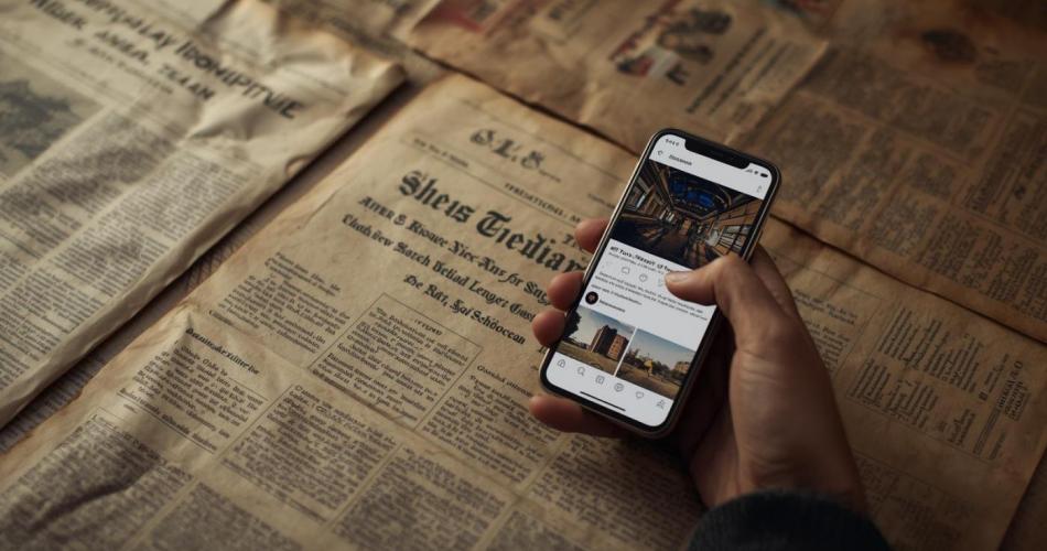 Eine Hand hält ein Smartphone, auf dessen Bildschirm eine Social-Media-App mit Bildbeiträgen geöffnet ist. Im Hintergrund liegen mehrere vergilbte, eng bedruckte Zeitungen ausgebreitet auf einer Fläche und füllen das gesamte Bild aus.
