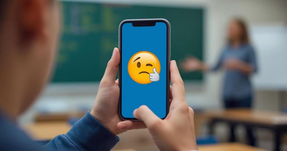 Nahaufnahme von hinten: Eine Schülerin oder ein Schüler hält im Klassenzimmer ein Smartphone in beiden Händen. Auf dem blauen Display ist ein gelbes Emoji mit skeptischem Gesichtsausdruck und einem Daumen-hoch-Zeichen zu sehen. Im unscharfen Hintergrund stehen eine grüne Tafel, leere Schulbänke und eine Lehrperson, die etwas erklärt.