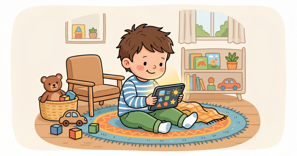 Eine einfache, farbenfrohe Illustration im Clipart-Stil zeigt ein Kleinkind, das in einem gemütlichen Kinderzimmer auf einem runden Teppich sitzt und konzentriert ein leuchtendes Tablet bedient.