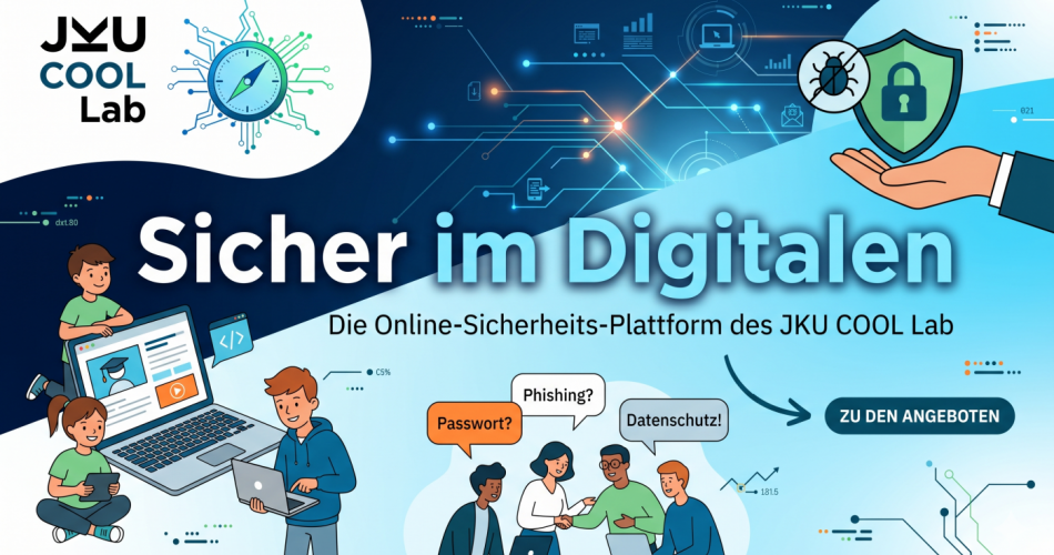 Werbegrafik des JKU COOL Lab für das Projekt „Sicher im Digitalen – Die Online-Sicherheits-Plattform des JKU COOL Lab". Zu sehen sind Jugendliche und junge Erwachsene, die an Laptops und Tablets arbeiten sowie in einer Gruppe diskutieren. Sprechblasen zeigen die Begriffe „Passwort?", „Phishing?" und „Datenschutz!". Im Hintergrund digitale Netzwerkgrafiken, ein Schloss-Symbol und ein Schutzschild mit Käfer-Icon als Hinweis auf Cybersicherheit. Ein Button mit der Aufschrift „Zu den Angeboten" ist rechts unten