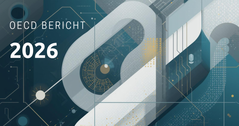 Abstrakte Grafik in Petrol, Dunkelblau und Gold mit geometrischen Formen, Schaltkreislinien und stilisierten Datenelementen. Im oberen linken Bereich steht in weißer Schrift „OECD BERICHT 2026".