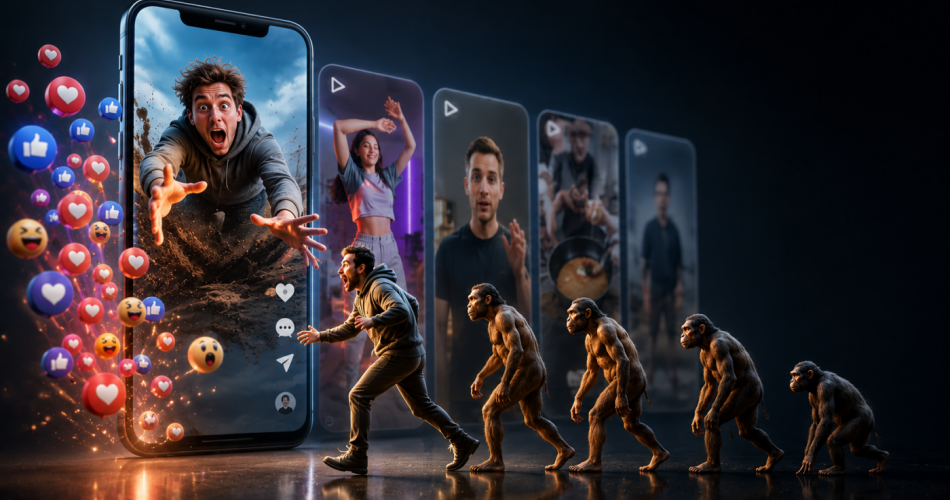 Bildmontage: Aus einem großen Smartphone springt ein schreiender junger Mann ins Bild, umgeben von schwebenden Like-, Herz- und Lach-Emojis. Rechts daneben reihen sich weitere leuchtende Smartphone-Displays mit Personen aus Social-Media-Clips. Davor läuft eine Hominiden-Evolutionsreihe in umgekehrter Richtung, vom aufrechten Menschen zurück zu gebückten affenartigen Vorfahren.