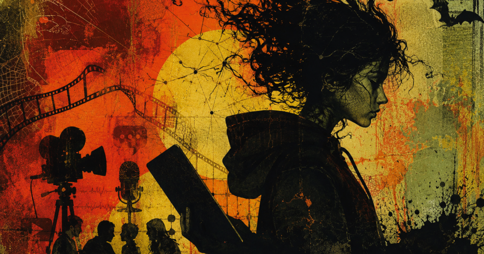Illustration im Stil eines digitalen Mixed Media Kunstwerks in warmen Orange, Rot und Schwarztönen. Im Mittelpunkt steht die dunkle Silhouette einer jungen Person mit zerzausten Haaren, die auf ein Tablet blickt. Im Hintergrund sind Symbole für Medienbildung und digitale Kreativität zu sehen, darunter eine Filmkamera, ein Mikrofon, Gesprächssymbole und vernetzte Linien. Die collageartige Darstellung vermittelt Kreativität, digitale Medienarbeit und kritische Auseinandersetzung mit Medien.