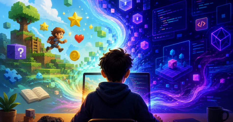 Eine moderne digitale Illustration zeigt eine Person von hinten an einem Schreibtisch vor einem Laptop. Links öffnet sich eine farbenfrohe Spielwelt mit schwebenden Plattformen, Sternen, Münzen und einer Spielfigur im Jump-and-Run-Stil. Rechts ist eine futuristische Coding Umgebung mit leuchtenden Codefenstern, geometrischen Formen und digitalen Elementen in Blau und Violett zu sehen. Zwischen beiden Welten fließen leuchtende Lichtspuren und verbinden spielerisches Lernen mit kreativem Programmieren. Auf de