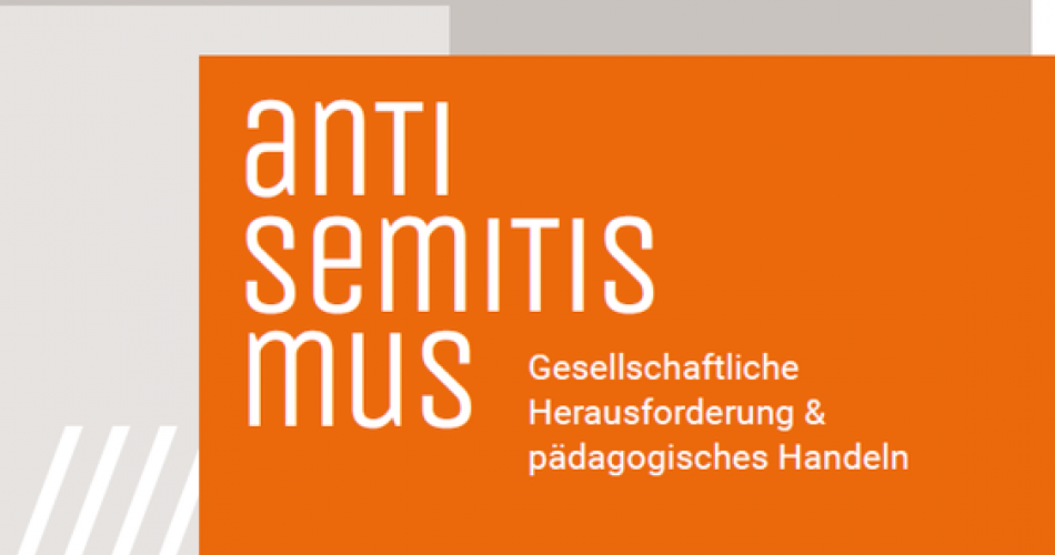 Cover der Handreichung mit dem Titel „Antisemitismus. Gesellschaftliche Herausforderung & pädagogisches Handeln" in weißer Schrift auf einem orangen Quadrat. Darunter die Logos der Herausgeber OeAD/ERINNERN:AT und Dokumentationsarchiv des österreichischen Widerstandes (DÖW). Am unteren Rand die Hinweise „Finanziert von Bundesministerium Bildung" und „In Zusammenarbeit mit Pädagogische Hochschule Salzburg Stefan Zweig". Im Hintergrund grafische Elemente in Grau und Orange.