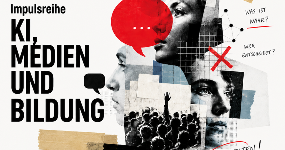 Collage-Grafik zur Impulsreihe „KI, Medien und Bildung" der PH Tirol. Schwarzweiße Porträtfotografien von drei Personen sind collageartig mit grafischen Elementen kombiniert: einer roten Sprechblase, einem schwarzen Chat-Symbol, einem roten Kreuz-Zeichen und handschriftlichen Fragen („Was ist wahr?", „Wer entscheidet?") sowie dem Schriftzug „Mitgestalten!" in einem roten Kreis. Im Hintergrund ist eine Menschenmenge mit erhobenen Händen zu sehen. Links steht in großer Schrift der Titel der Veranstaltungsreih