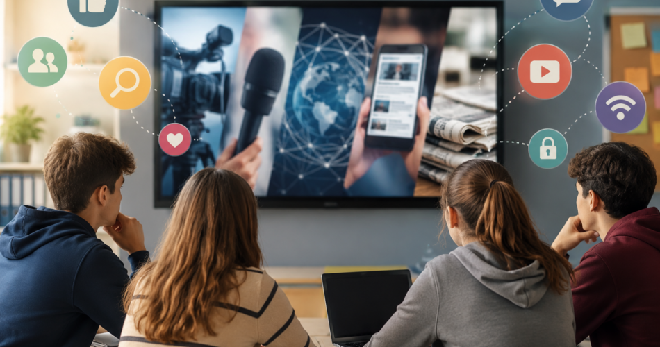 Vier Jugendliche sitzen in einem Klassenzimmer mit dem Rücken zur Betrachterin oder zum Betrachter und blicken auf einen großen Bildschirm. Darauf sind Medienmotive wie Kamera, Mikrofon, Smartphone, Zeitungen und ein vernetzter Globus zu sehen. Rund um den Bildschirm schweben Symbole für soziale Medien, Suche, Video, WLAN und Datenschutz. Das Bild zeigt eine Unterrichtssituation zur Medienbildung, digitalen Kommunikation und kritischen Auseinandersetzung mit Informationen.