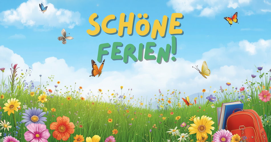 Blumenwiese mit einem roten Rucksack und einem blauen Buch. Darüber der Schriftzug "Schöne Ferien!"
