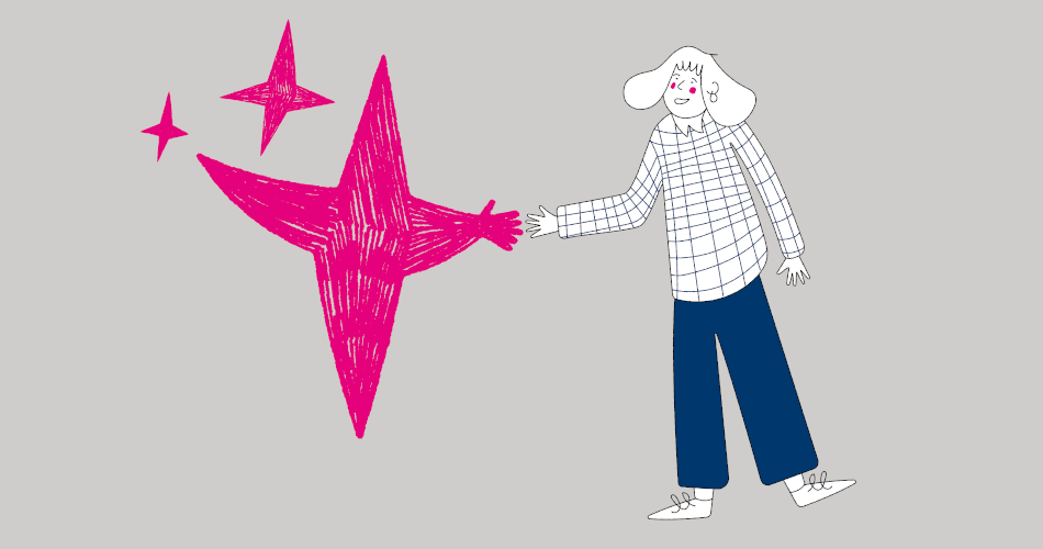 Stilisierte Person streckt die Hand nach einem großen pinken Stern aus, daneben zwei kleinere Sterne auf grauem Hintergrund.