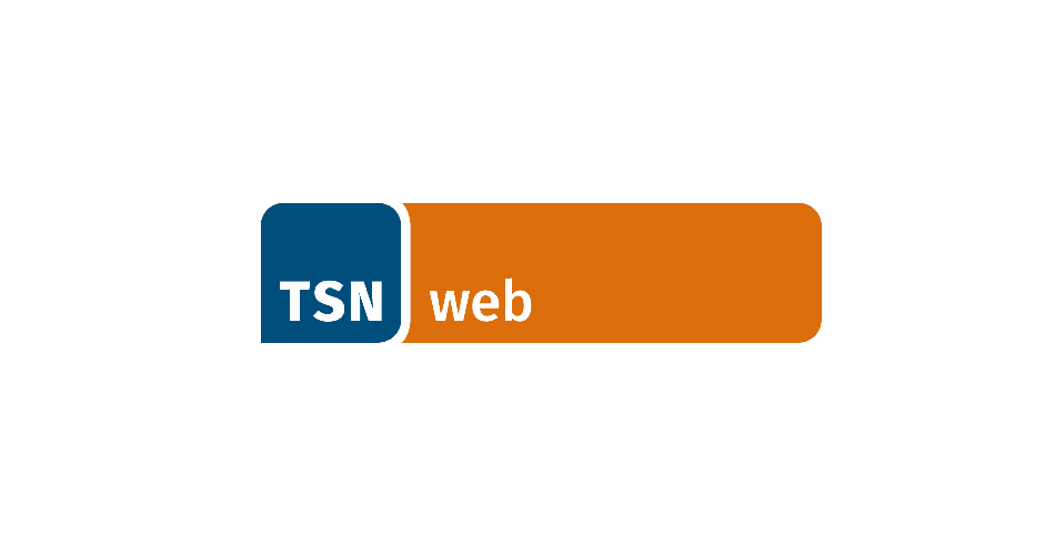 Logo: TSN auf dunkelblauem Hintergrund, web auf orangem Hintergrund